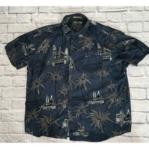 Point Zero Mens Hawaiian Shirt XL Blue Palm‎ Trees Surfing  Orange Label